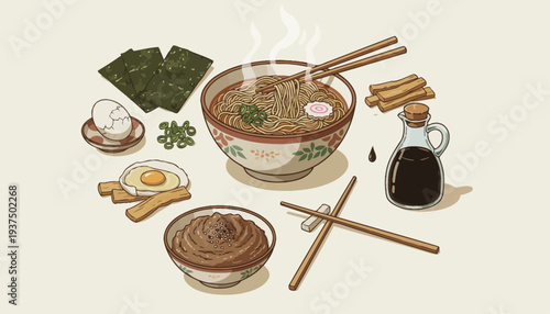 Steaming bowl of ramen with ingredients and seasonings.
