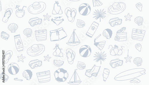 Collection of simple line drawings related to summer vacation and beach activities.