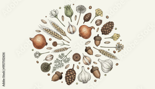 Assorted seeds and grains arranged in a circular pattern.