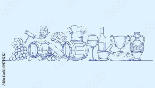 Wine and food illustration with grapes and barrels.