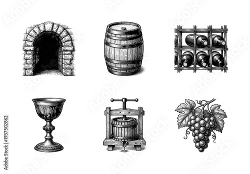 Vintage engraving collection of winemaking icons including wine cellar stone arch, wooden barrel, storage rack, ornate goblet, manual grape press, and bunch of grapes.