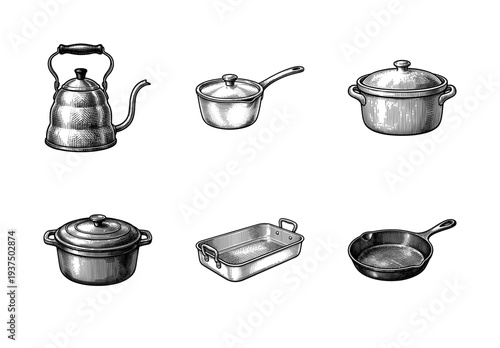 Set of kitchen cookware and utensils in vintage woodcut style including kettle saucepan pot casserole dish and frying pan