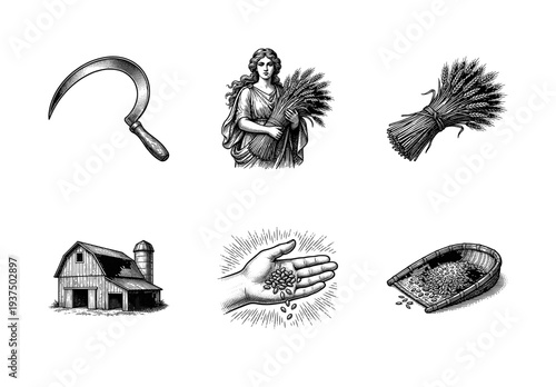 Vintage engraving style agricultural collection featuring harvest symbols wheat bundles barn sickle and grain goddess