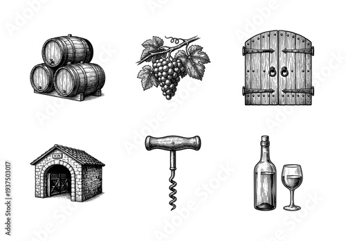 Vintage engraving style wine production icons set featuring wooden barrels, grape bunch, cellar door, winery building, corkscrew, and bottle with glass.