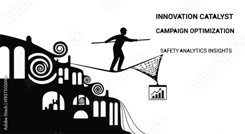 Businessman balancing on tightrope with safety net and data analysis graph
