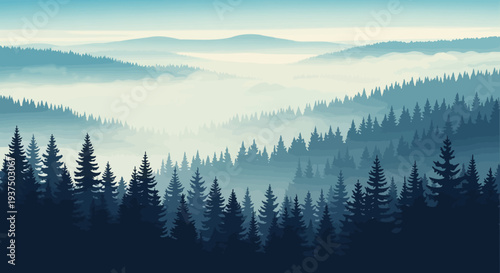 Misty Forest Landscape with Evergreen Trees.