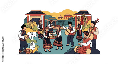 Traditional Musicians Playing Various Instruments Together.