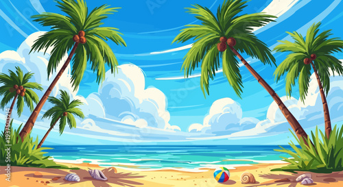 Tropical Beach Scene with Palm Trees.