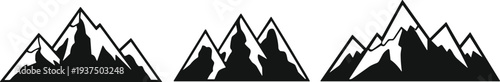 Mountain range silhouettes, snowy peak icons, alpine nature landscape, outdoor adventure design elements, rocky hills, wilderness exploration vector illustration