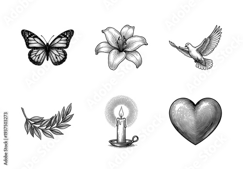 Set of black and white hand drawn vintage illustrations featuring a butterfly, lily flower, flying dove, olive branch, lit candle, and etched heart.