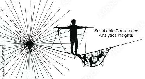 Businessman balancing on tightrope with data analytics insights