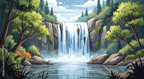 Waterfall Cascading into Serene River Scene.