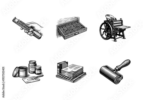 Vintage letterpress printing collection featuring hand engraved illustrations of wood type, printing press, ink rollers, and typesetting tools