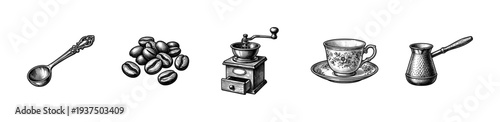 Vintage style coffee preparation set featuring an engraved scoop, roasted beans, manual grinder, ornate porcelain cup, and a traditional cezve pot.