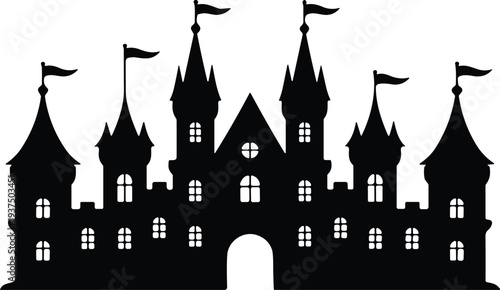 Fairytale castle silhouette vector illustration with towers and flags, fantasy medieval palace building isolated on white background for storybook, theme park, and design