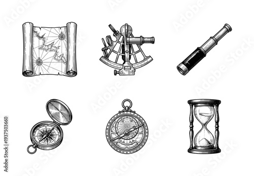 Vintage nautical and navigation equipment collection featuring hand drawn ink sketches of a map sextant telescope compass astrolabe and hourglass