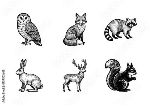 Set of woodland animal illustrations in black and white woodcut style featuring owl, fox, raccoon, hare, deer, and squirrel with ornate patterns