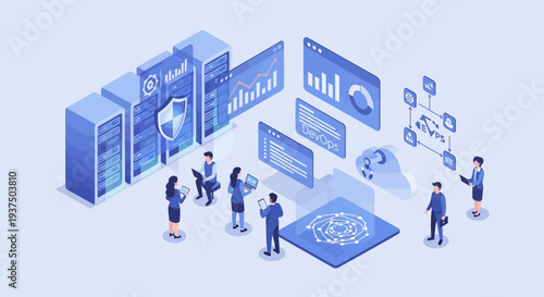 Business Professionals Analyzing Data Center Servers.