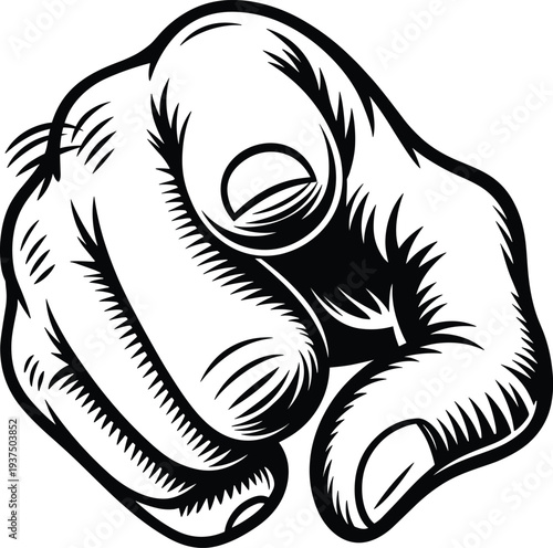 Pointing hand gesture vintage engraving style vector illustration, human finger pointing forward symbol, direction indicator, accusation concept, retro hand drawing isolated on white background