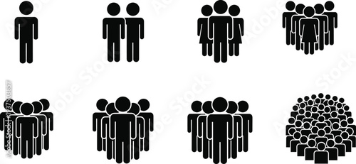 People group icons set showing different crowd sizes from single person to large population, social community, teamwork, audience and human resources concept illustration