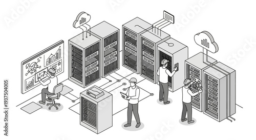 Data Center Technicians Working on Servers.