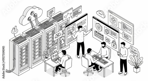 Engineers working on computer servers and technology.