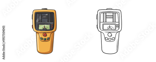 Portable gas detector cartoon illustration in yellow and black colors with a digital screen on a clean white background, shown in both colored and line art styles