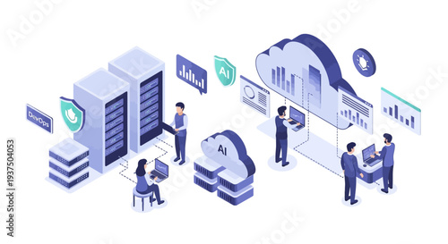 Isometric Illustration of Data Center Operations Team.