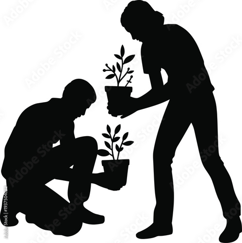 Two people planting young plants together silhouette illustration representing teamwork in gardening, environmental conservation, sustainability, eco friendly lifestyle and nature care concept