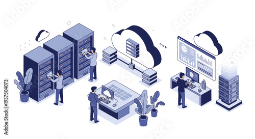 Isometric Illustration of Computer Servers and Workstations.