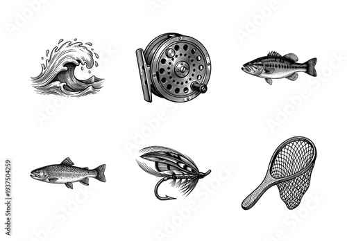 Vintage etching style fishing gear and aquatic life collection featuring trout bass fly fishing reel and equipment