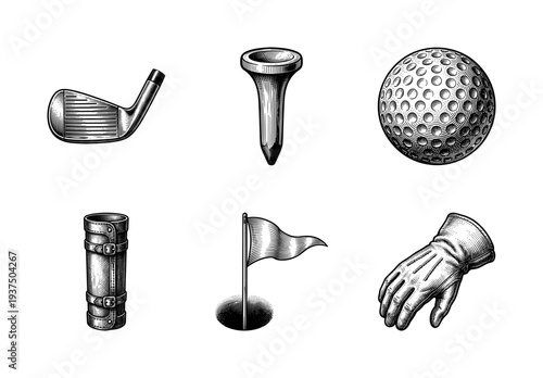 Vintage engraving style golf equipment collection featuring club head tee dimpled ball leather bag flag in hole and glove