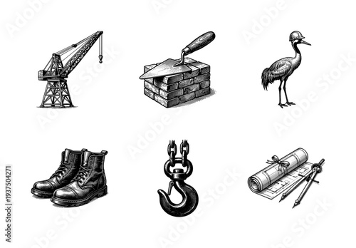Set of construction and industrial icons in a vintage woodcut style featuring a crane, trowel, crane bird, work boots, hook, and blueprints.