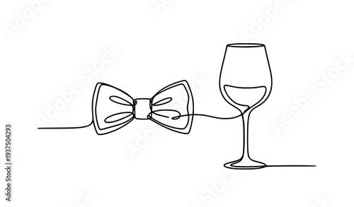 Continuous line bow tie and wine glass celebration illustration