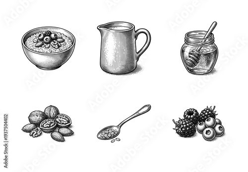 Healthy breakfast porridge ingredients set with oats bowl milk pitcher honey jar nuts and forest berries in vintage woodcut engraving style
