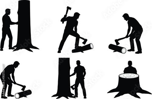 Lumberjack silhouettes cutting tree with axe and chopping wood logs isolated on white background forestry work concept