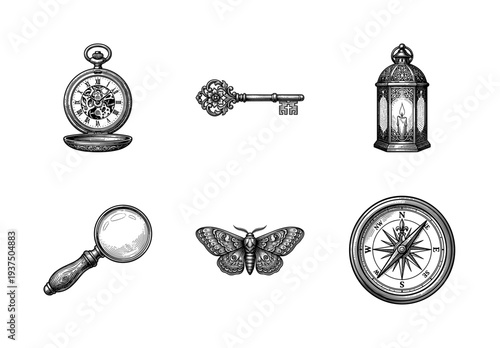 Vintage collection of hand drawn mystery and discovery icons including pocket watch, ornate key, lantern, magnifying glass, moth, and compass in engraving style