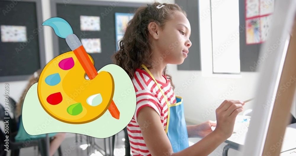 Naklejka premium Painting girl at easel in art room, holding brush, wearing blue apron, striped tee, palette graphic
