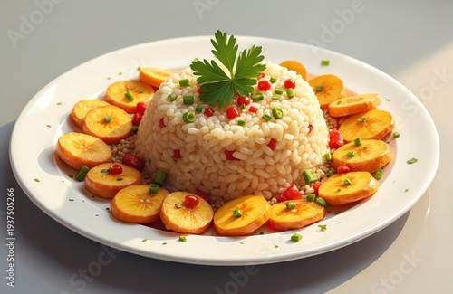 Rice mound dish with plantain slices and green herb garnish. This tasty food photo shows a culinary creation on white plate. Perfect for menus and recipe blogs.