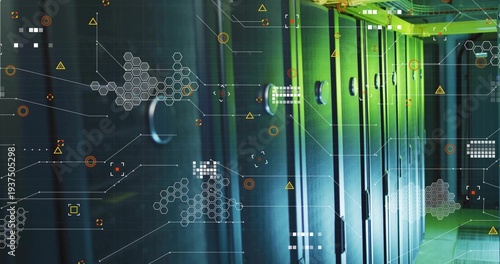 Glowing server cabinets showing vent grilles, LEDs in data center aisle with HUD overlays