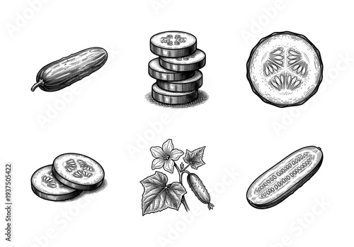 Cucumber botanical illustration set featuring whole fruit, slices, cross sections, and flowering plant in a vintage woodcut engraving style