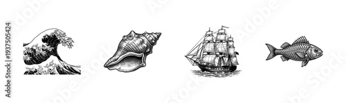 Vintage nautical woodcut illustration collection featuring a great ocean wave, seashell, tall sailing ship, and fish in black and white line art style.