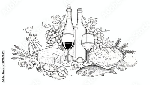 Wine bottles and glass surrounded by grapes and food.