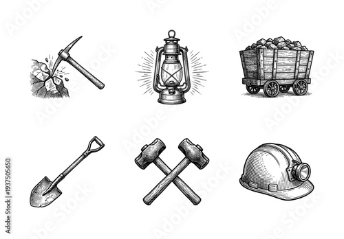 Vintage engraving style mining equipment icons including pickaxe lantern ore cart shovel crossed hammers and hard hat