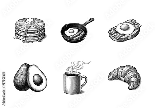 Set of breakfast food and drink items including pancakes, eggs, sausages, avocado, coffee, and croissant in a vintage woodcut engraving style.