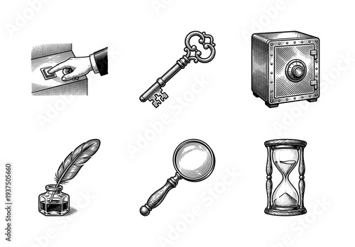 Collection of vintage hand drawn icons featuring an antique key, heavy metal safe, hourglass, magnifying glass, inkwell with quill, and hand pressing a button.