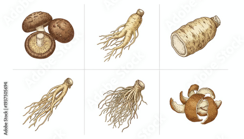 Assorted Mushrooms and Roots in Various Stages of Growth.