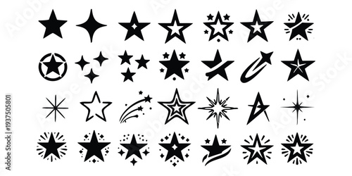 Abstract collection of star shapes and celestial body icons in black and white