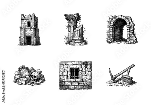 Ancient ruins and archaeology icons collection featuring a medieval tower, corinthian column, stone archway, skull with pottery, prison window, and excavation tools in black and white line art