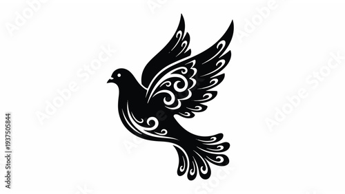 Ornate Bird Silhouette in Flight Position.